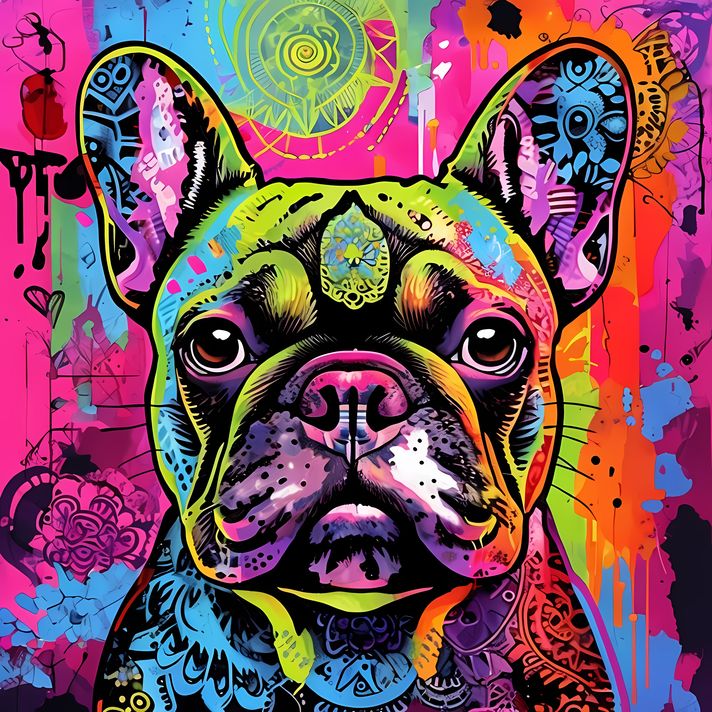 🐾12 French Bulldog High-Res Art Images in Psychedelic Pop Art & Street Styles  📦 What’s Included:  12 Files in total High Resolution: 300 DPI for professional quality Image Sizes: From 3072px to 9216px (portrait and square orientations) 🎨 Perfect For:  Wa