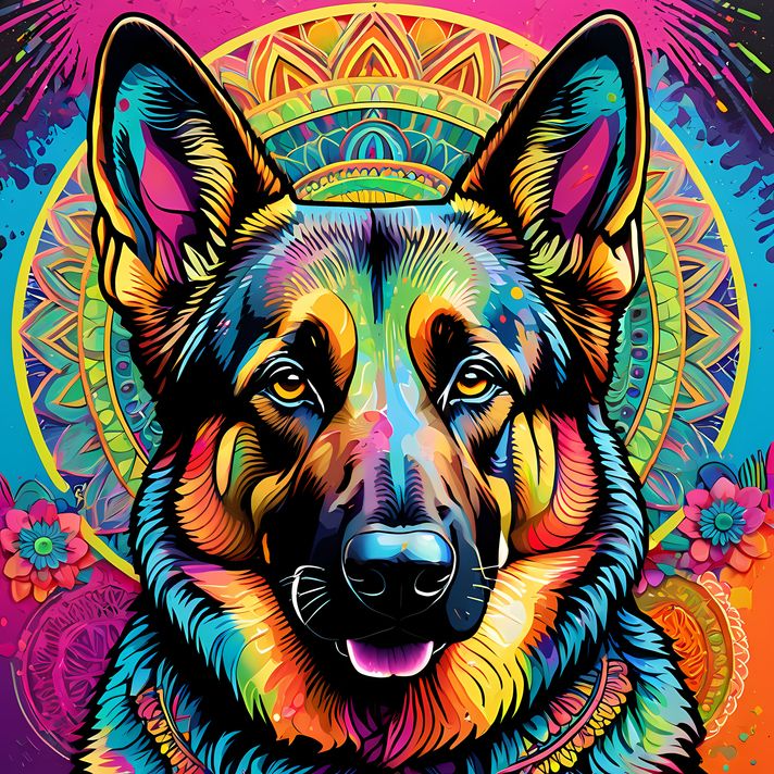 🐾20 German Shepherd Dogs High-Res Art Images in Psychedelic Pop & Street Art Styles  📦 What’s Included:  9 Files in total High Resolution: 300 DPI for professional quality Image Sizes: From 3072px to 9216px (portrait, landscape and square orientations) 🎨