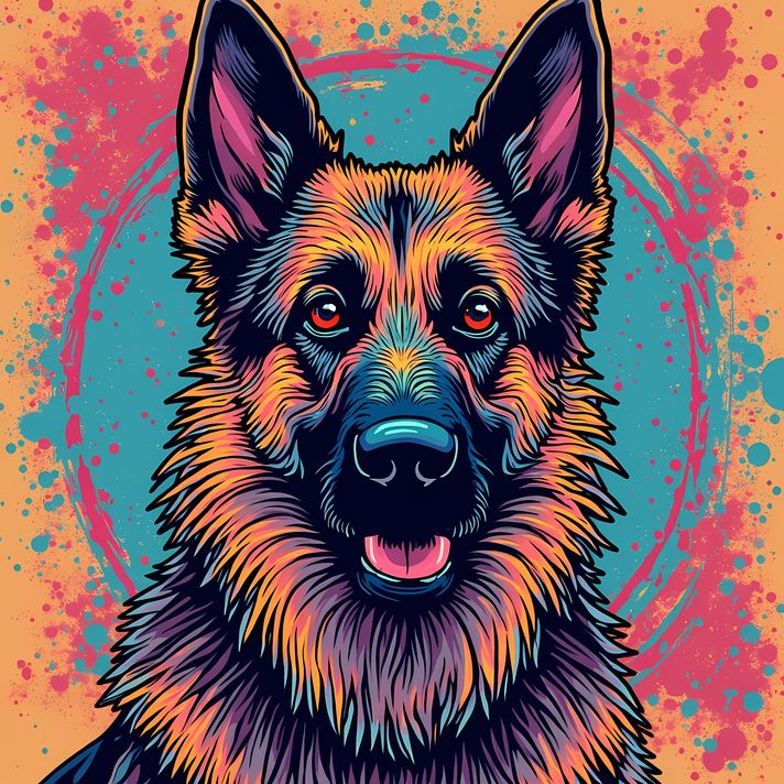🐾20 German Shepherd Dogs High-Res Art Images in Psychedelic Pop & Street Art Styles  📦 What’s Included:  9 Files in total High Resolution: 300 DPI for professional quality Image Sizes: From 3072px to 9216px (portrait, landscape and square orientations) 🎨