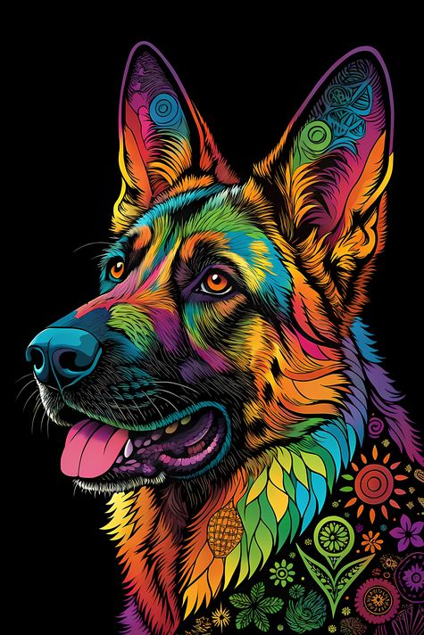 🐾20 German Shepherd Dogs High-Res Art Images in Psychedelic Pop & Street Art Styles  📦 What’s Included:  9 Files in total High Resolution: 300 DPI for professional quality Image Sizes: From 3072px to 9216px (portrait, landscape and square orientations) 🎨