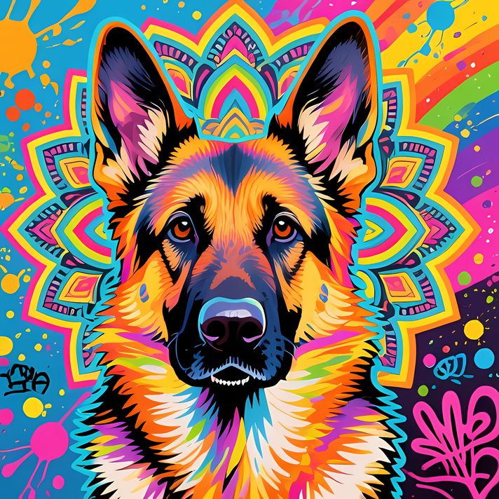 🐾20 German Shepherd Dogs High-Res Art Images in Psychedelic Pop & Street Art Styles  📦 What’s Included:  9 Files in total High Resolution: 300 DPI for professional quality Image Sizes: From 3072px to 9216px (portrait, landscape and square orientations) 🎨