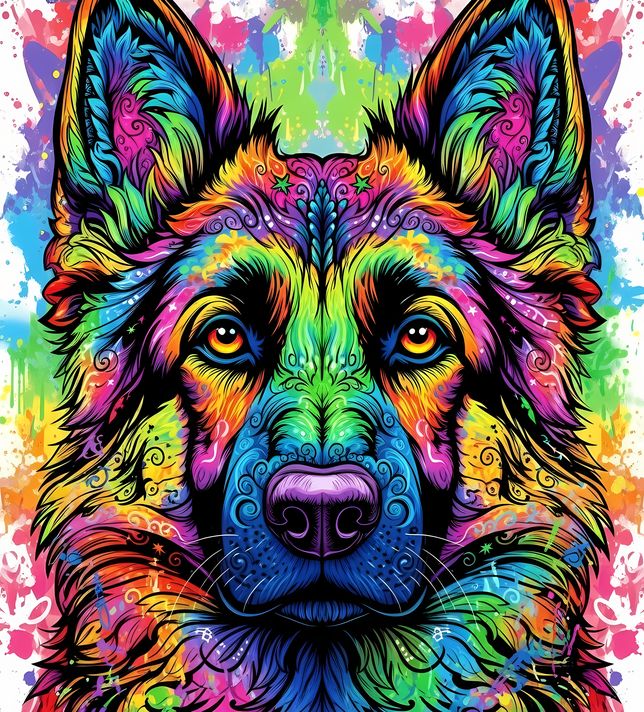 🐾20 German Shepherd Dogs High-Res Art Images in Psychedelic Pop & Street Art Styles  📦 What’s Included:  9 Files in total High Resolution: 300 DPI for professional quality Image Sizes: From 3072px to 9216px (portrait, landscape and square orientations) 🎨