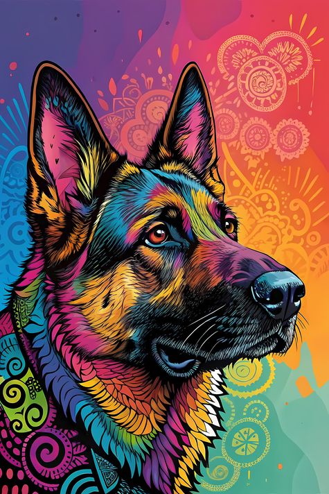 🐾20 German Shepherd Dogs High-Res Art Images in Psychedelic Pop & Street Art Styles  📦 What’s Included:  9 Files in total High Resolution: 300 DPI for professional quality Image Sizes: From 3072px to 9216px (portrait, landscape and square orientations) 🎨