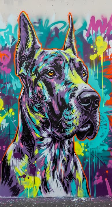 🐾12 Great Dane Dogs High-Res Art Images in Psychedelic Pop & Street Art Style  📦 What’s Included:  12 Files in total High Resolution: 300 DPI for professional quality Image Sizes: From 3072px to 9216px (portrait and square orientations) 🎨 Perfect For:  Wa