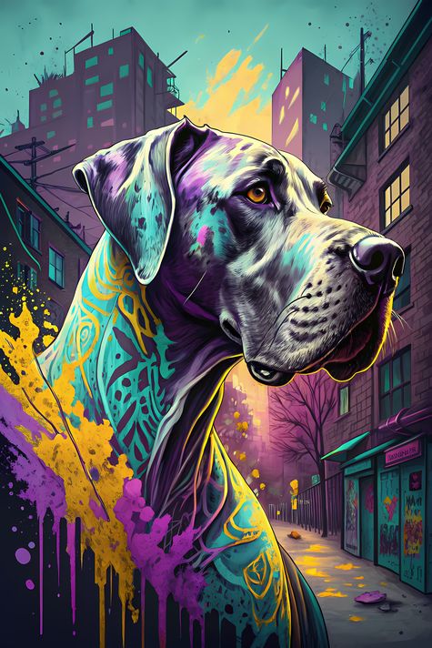 🐾12 Great Dane Dogs High-Res Art Images in Psychedelic Pop & Street Art Style  📦 What’s Included:  12 Files in total High Resolution: 300 DPI for professional quality Image Sizes: From 3072px to 9216px (portrait and square orientations) 🎨 Perfect For:  Wa