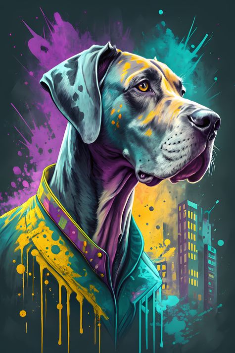 🐾12 Great Dane Dogs High-Res Art Images in Psychedelic Pop & Street Art Style  📦 What’s Included:  12 Files in total High Resolution: 300 DPI for professional quality Image Sizes: From 3072px to 9216px (portrait and square orientations) 🎨 Perfect For:  Wa