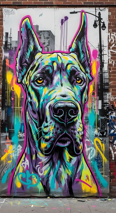 🐾12 Great Dane Dogs High-Res Art Images in Psychedelic Pop & Street Art Style  📦 What’s Included:  12 Files in total High Resolution: 300 DPI for professional quality Image Sizes: From 3072px to 9216px (portrait and square orientations) 🎨 Perfect For:  Wa