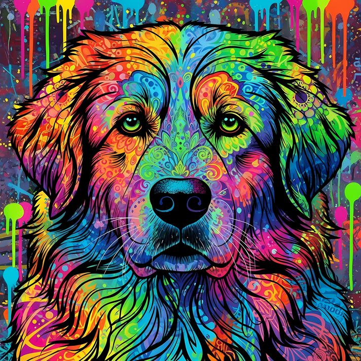 🐾9 Great Pyrenees Dogs High-Res Art Images in Psychedelic Pop & Street Art Styles  📦 What’s Included:  9 Files in total High Resolution: 300 DPI for professional quality Image Sizes: From 3072px to 9216px (portrait and square orientations) 🎨 Perfect For: