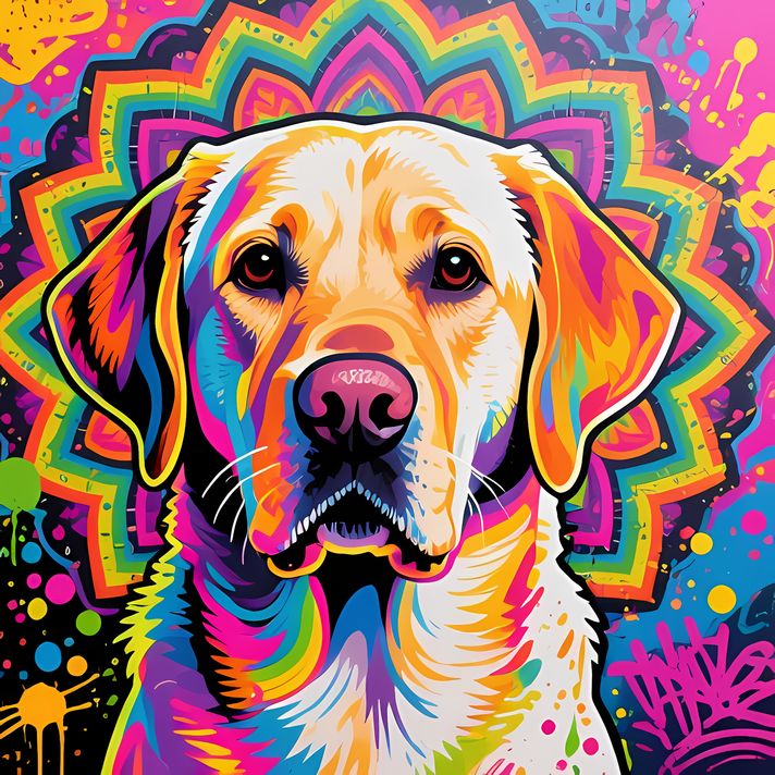 🐾10 Labrador Retriever High-Res Art Images in Psychedelic Pop & Street Art Styles  📦 What’s Included:  10 Files in total High Resolution: 300 DPI for professional quality Image Sizes: From 3072px to 9216px (portrait and square orientations) 🎨 Perfect For:
