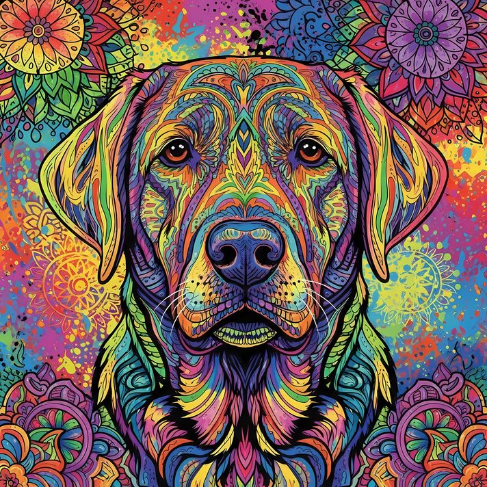 🐾10 Labrador Retriever High-Res Art Images in Psychedelic Pop & Street Art Styles  📦 What’s Included:  10 Files in total High Resolution: 300 DPI for professional quality Image Sizes: From 3072px to 9216px (portrait and square orientations) 🎨 Perfect For: