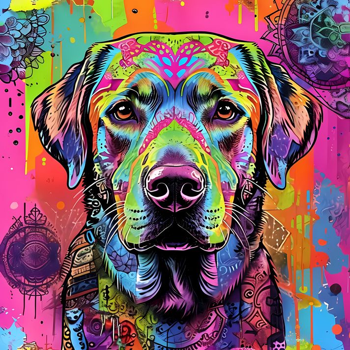 🐾10 Labrador Retriever High-Res Art Images in Psychedelic Pop & Street Art Styles  📦 What’s Included:  10 Files in total High Resolution: 300 DPI for professional quality Image Sizes: From 3072px to 9216px (portrait and square orientations) 🎨 Perfect For: