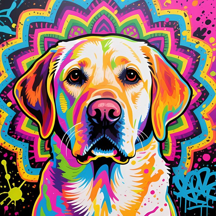 🐾10 Labrador Retriever High-Res Art Images in Psychedelic Pop & Street Art Styles  📦 What’s Included:  10 Files in total High Resolution: 300 DPI for professional quality Image Sizes: From 3072px to 9216px (portrait and square orientations) 🎨 Perfect For: