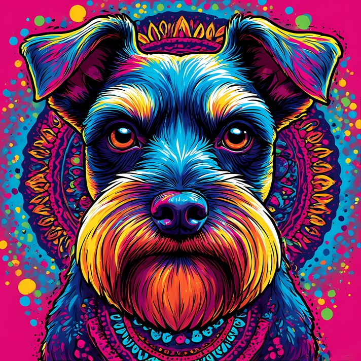 🐾12 Schnauzer Dogs High-Res Art Images in Psychedelic Pop & Street Art Styles  📦 What’s Included:  12 Files in total High Resolution: 300 DPI for professional quality Image Sizes: From 3072px to 9216px (landscape, portrait and square orientations) 🎨 Perfe