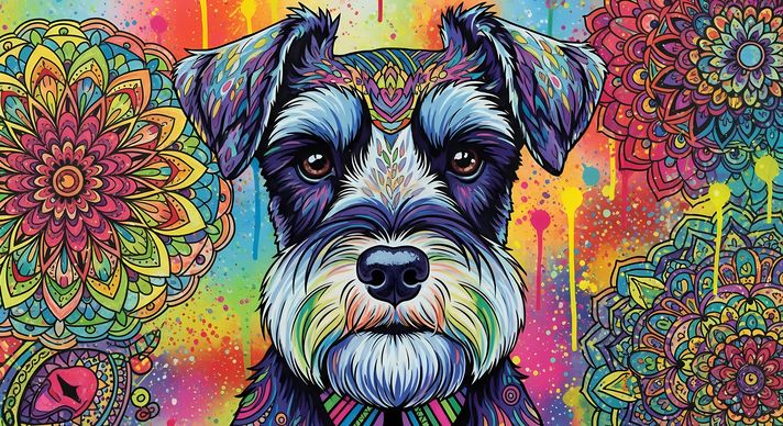 🐾12 Schnauzer Dogs High-Res Art Images in Psychedelic Pop & Street Art Styles  📦 What’s Included:  12 Files in total High Resolution: 300 DPI for professional quality Image Sizes: From 3072px to 9216px (landscape, portrait and square orientations) 🎨 Perfe