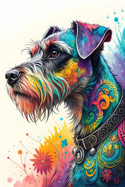 🐾12 Schnauzer Dogs High-Res Art Images in Psychedelic Pop & Street Art Styles  📦 What’s Included:  12 Files in total High Resolution: 300 DPI for professional quality Image Sizes: From 3072px to 9216px (landscape, portrait and square orientations) 🎨 Perfe