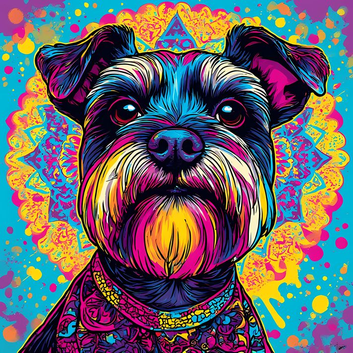 🐾12 Schnauzer Dogs High-Res Art Images in Psychedelic Pop & Street Art Styles  📦 What’s Included:  12 Files in total High Resolution: 300 DPI for professional quality Image Sizes: From 3072px to 9216px (landscape, portrait and square orientations) 🎨 Perfe
