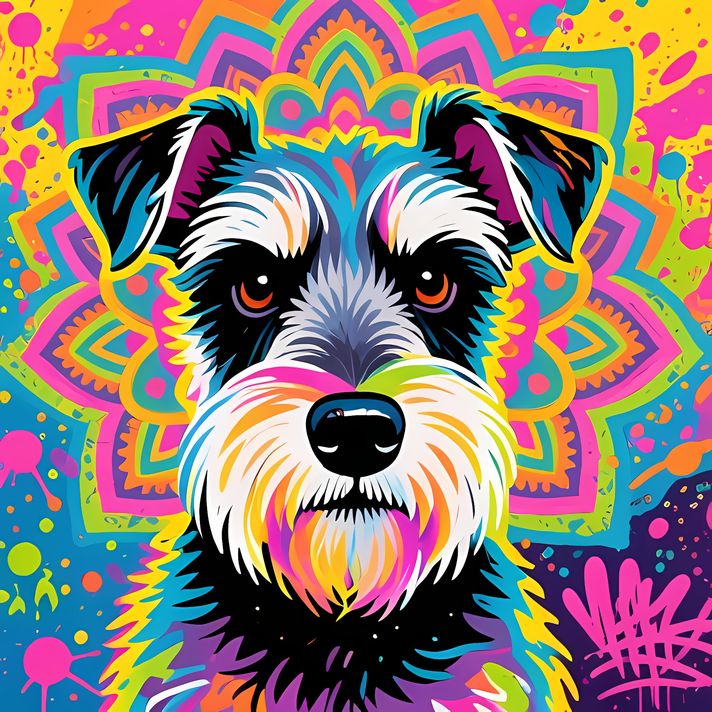 🐾12 Schnauzer Dogs High-Res Art Images in Psychedelic Pop & Street Art Styles  📦 What’s Included:  12 Files in total High Resolution: 300 DPI for professional quality Image Sizes: From 3072px to 9216px (landscape, portrait and square orientations) 🎨 Perfe