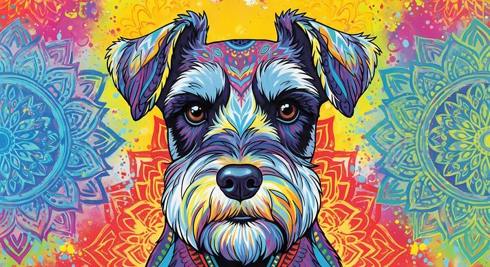 🐾12 Schnauzer Dogs High-Res Art Images in Psychedelic Pop & Street Art Styles  📦 What’s Included:  12 Files in total High Resolution: 300 DPI for professional quality Image Sizes: From 3072px to 9216px (landscape, portrait and square orientations) 🎨 Perfe