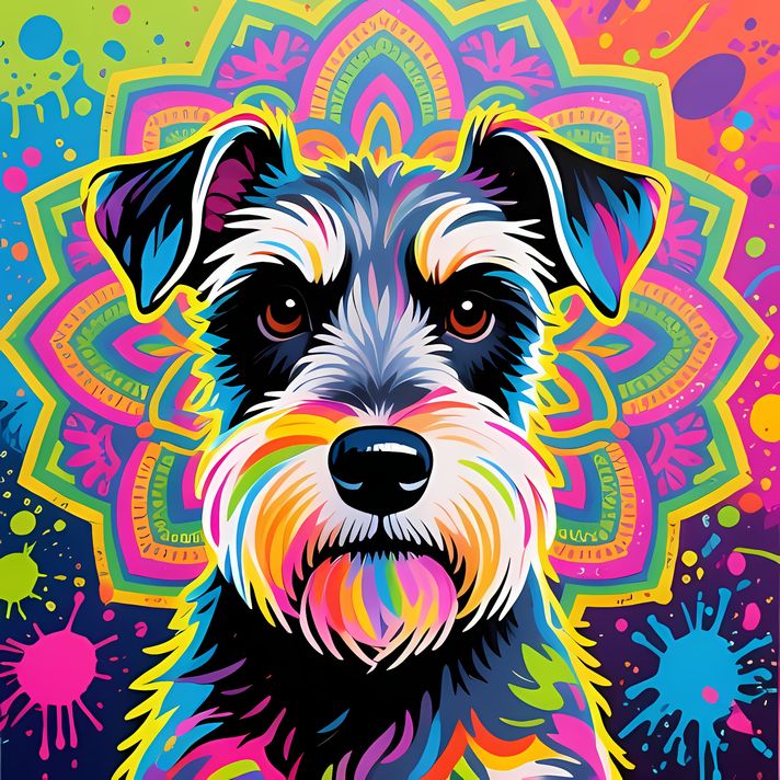 🐾12 Schnauzer Dogs High-Res Art Images in Psychedelic Pop & Street Art Styles  📦 What’s Included:  12 Files in total High Resolution: 300 DPI for professional quality Image Sizes: From 3072px to 9216px (landscape, portrait and square orientations) 🎨 Perfe