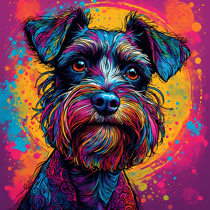 🐾12 Schnauzer Dogs High-Res Art Images in Psychedelic Pop & Street Art Styles  📦 What’s Included:  12 Files in total High Resolution: 300 DPI for professional quality Image Sizes: From 3072px to 9216px (landscape, portrait and square orientations) 🎨 Perfe