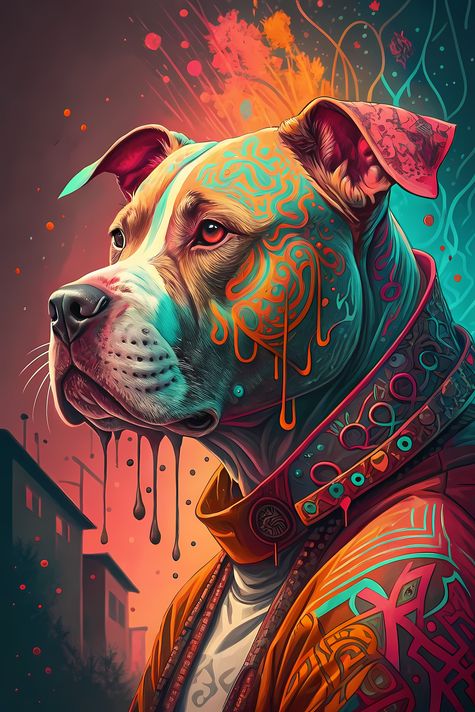 🐾9 Pitbull Terrier Dogs High-Res Art Images in Psychedelic Pop & Street Art Styles  📦 What’s Included:  9 Files in total High Resolution: 300 DPI for professional quality Image Sizes: From 3072px to 9216px (portrait and square orientations) 🎨 Perfect For: