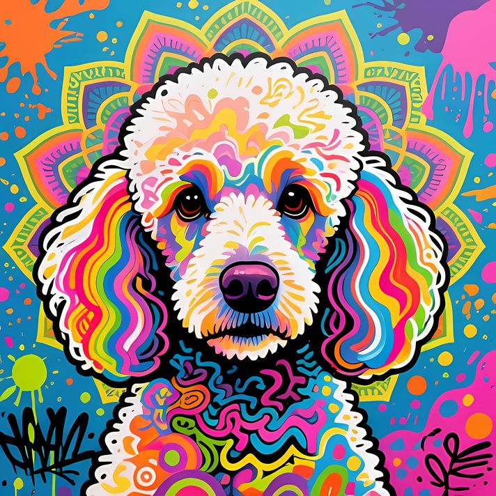 🐾12 Poodles High-Res Art Images in Psychedelic Pop & Street Art Styles  📦 What’s Included:  12 Files in total High Resolution: 300 DPI for professional quality Image Sizes: From 3072px to 9216px (portrait and square orientations) 🎨 Perfect For:  Wall Art 