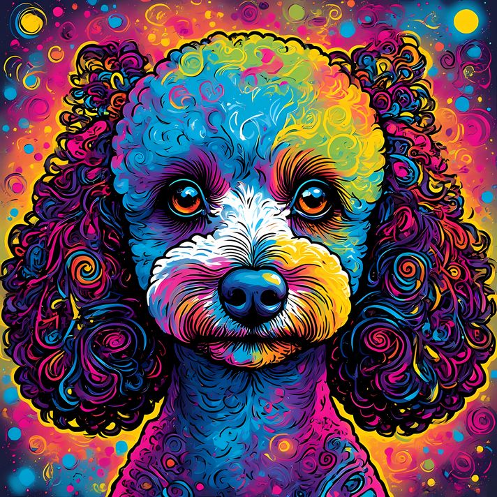 🐾12 Poodles High-Res Art Images in Psychedelic Pop & Street Art Styles  📦 What’s Included:  12 Files in total High Resolution: 300 DPI for professional quality Image Sizes: From 3072px to 9216px (portrait and square orientations) 🎨 Perfect For:  Wall Art 