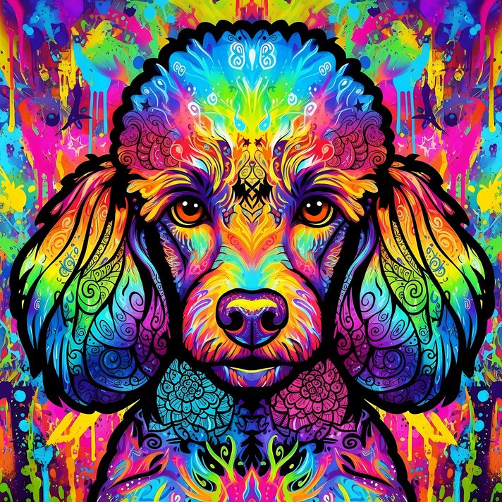 🐾12 Poodles High-Res Art Images in Psychedelic Pop & Street Art Styles  📦 What’s Included:  12 Files in total High Resolution: 300 DPI for professional quality Image Sizes: From 3072px to 9216px (portrait and square orientations) 🎨 Perfect For:  Wall Art 