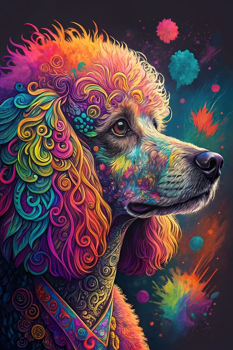 🐾12 Poodles High-Res Art Images in Psychedelic Pop & Street Art Styles  📦 What’s Included:  12 Files in total High Resolution: 300 DPI for professional quality Image Sizes: From 3072px to 9216px (portrait and square orientations) 🎨 Perfect For:  Wall Art 
