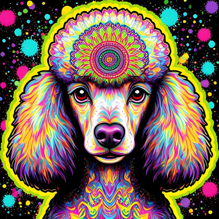 🐾12 Poodles High-Res Art Images in Psychedelic Pop & Street Art Styles  📦 What’s Included:  12 Files in total High Resolution: 300 DPI for professional quality Image Sizes: From 3072px to 9216px (portrait and square orientations) 🎨 Perfect For:  Wall Art 