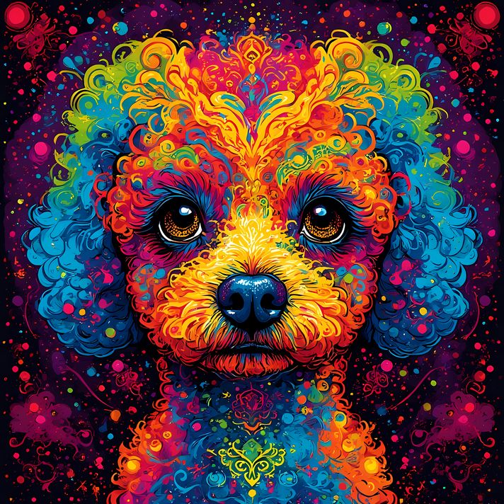 🐾12 Poodles High-Res Art Images in Psychedelic Pop & Street Art Styles  📦 What’s Included:  12 Files in total High Resolution: 300 DPI for professional quality Image Sizes: From 3072px to 9216px (portrait and square orientations) 🎨 Perfect For:  Wall Art 
