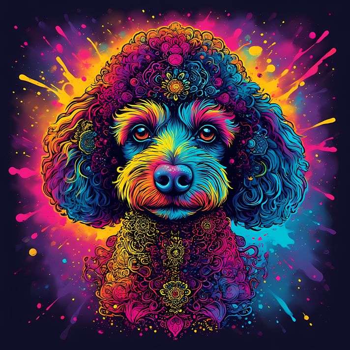 🐾12 Poodles High-Res Art Images in Psychedelic Pop & Street Art Styles  📦 What’s Included:  12 Files in total High Resolution: 300 DPI for professional quality Image Sizes: From 3072px to 9216px (portrait and square orientations) 🎨 Perfect For:  Wall Art 