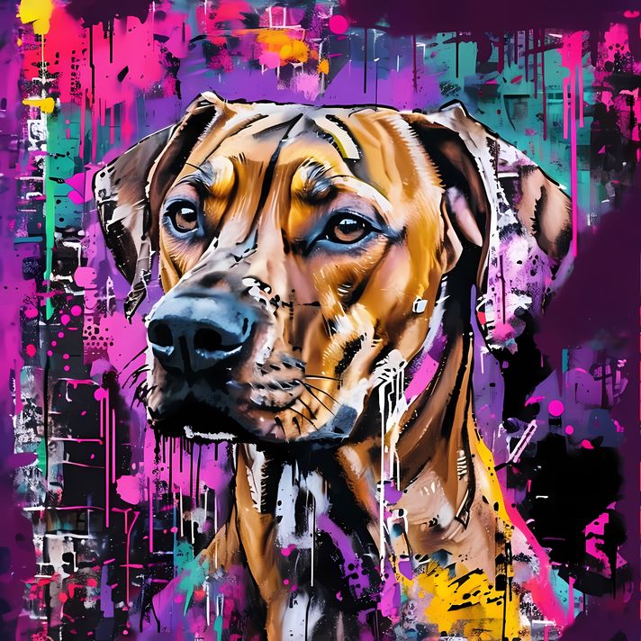🐾17 Rhodesian Ridgeback Dogs High-Res Art Images in Psychedelic Pop & Street Art Styles  📦 What’s Included:  17 Files in total High Resolution: 300 DPI for professional quality Image Sizes: From 3072px to 9216px (landscape, portrait and square orientation