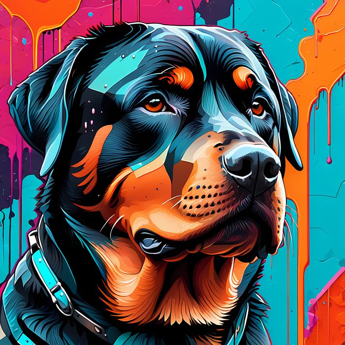 🐾13 Rottweiler Dogs High-Res Art Images in Psychedelic Pop & Street Art Styles  📦 What’s Included:  13 Files in total High Resolution: 300 DPI for professional quality Image Sizes: From 3072px to 9216px (portrait and square orientations) 🎨 Perfect For:  W