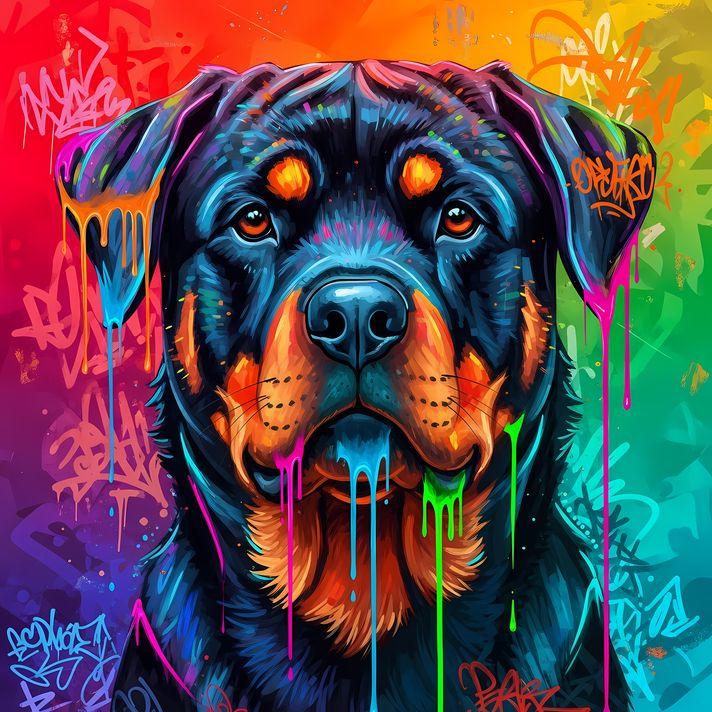 🐾13 Rottweiler Dogs High-Res Art Images in Psychedelic Pop & Street Art Styles  📦 What’s Included:  13 Files in total High Resolution: 300 DPI for professional quality Image Sizes: From 3072px to 9216px (portrait and square orientations) 🎨 Perfect For:  W