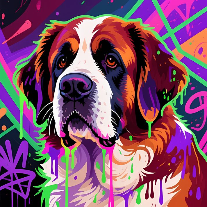 🐾13 Saint Bernard Dogs High-Res Art Images in Psychedelic Pop & Street Art Styles  📦 What’s Included:  13 Files in total High Resolution: 300 DPI for professional quality Image Sizes: From 3072px to 8448px (landscape, portrait and square orientations) 🎨 P