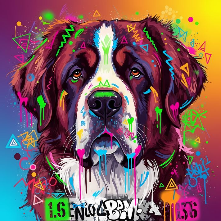 🐾13 Saint Bernard Dogs High-Res Art Images in Psychedelic Pop & Street Art Styles  📦 What’s Included:  13 Files in total High Resolution: 300 DPI for professional quality Image Sizes: From 3072px to 8448px (landscape, portrait and square orientations) 🎨 P