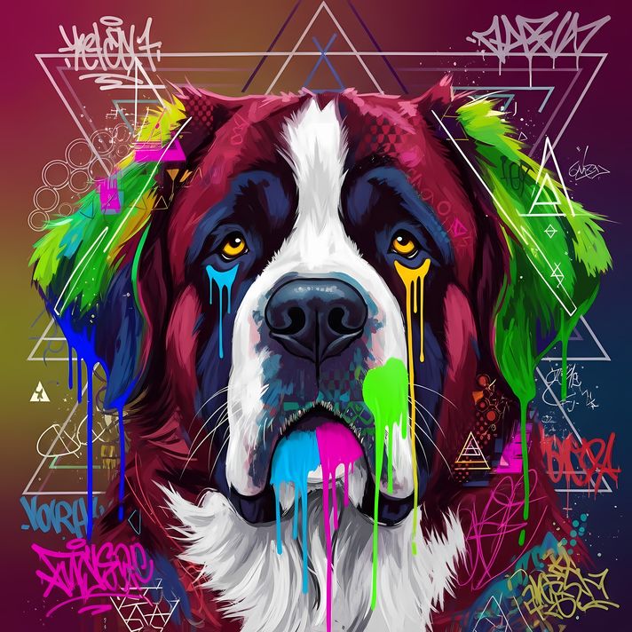 🐾13 Saint Bernard Dogs High-Res Art Images in Psychedelic Pop & Street Art Styles  📦 What’s Included:  13 Files in total High Resolution: 300 DPI for professional quality Image Sizes: From 3072px to 8448px (landscape, portrait and square orientations) 🎨 P