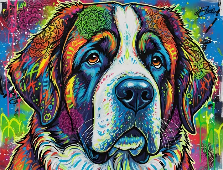 🐾13 Saint Bernard Dogs High-Res Art Images in Psychedelic Pop & Street Art Styles  📦 What’s Included:  13 Files in total High Resolution: 300 DPI for professional quality Image Sizes: From 3072px to 8448px (landscape, portrait and square orientations) 🎨 P