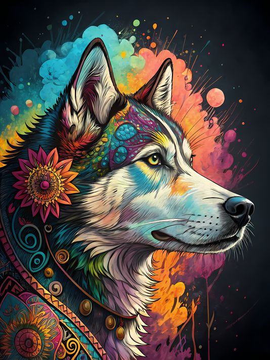 🐾9 Siberian Husky Dogs High-Res Art Images in Psychedelic Pop & Street Art Styles  📦 What’s Included:  9 Files in total High Resolution: 300 DPI for professional quality Image Sizes: From 3072px to 8190px (portrait and square orientations) 🎨 Perfect For: 