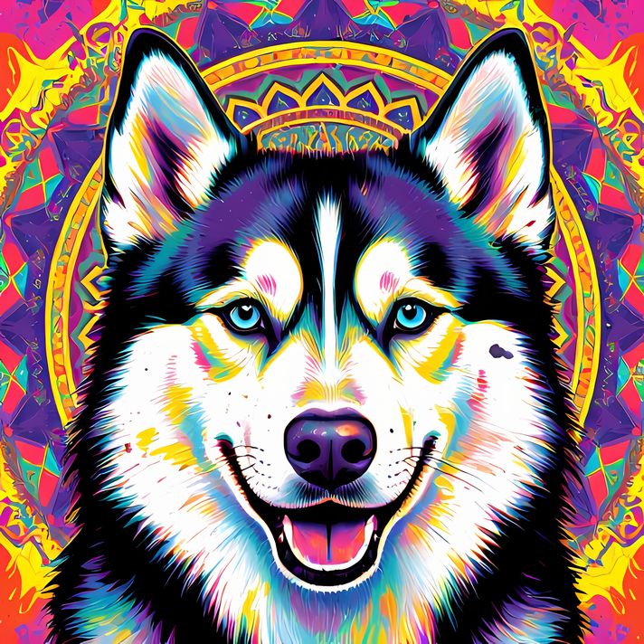 🐾9 Siberian Husky Dogs High-Res Art Images in Psychedelic Pop & Street Art Styles  📦 What’s Included:  9 Files in total High Resolution: 300 DPI for professional quality Image Sizes: From 3072px to 8190px (portrait and square orientations) 🎨 Perfect For: 