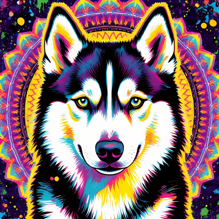 🐾9 Siberian Husky Dogs High-Res Art Images in Psychedelic Pop & Street Art Styles  📦 What’s Included:  9 Files in total High Resolution: 300 DPI for professional quality Image Sizes: From 3072px to 8190px (portrait and square orientations) 🎨 Perfect For: 