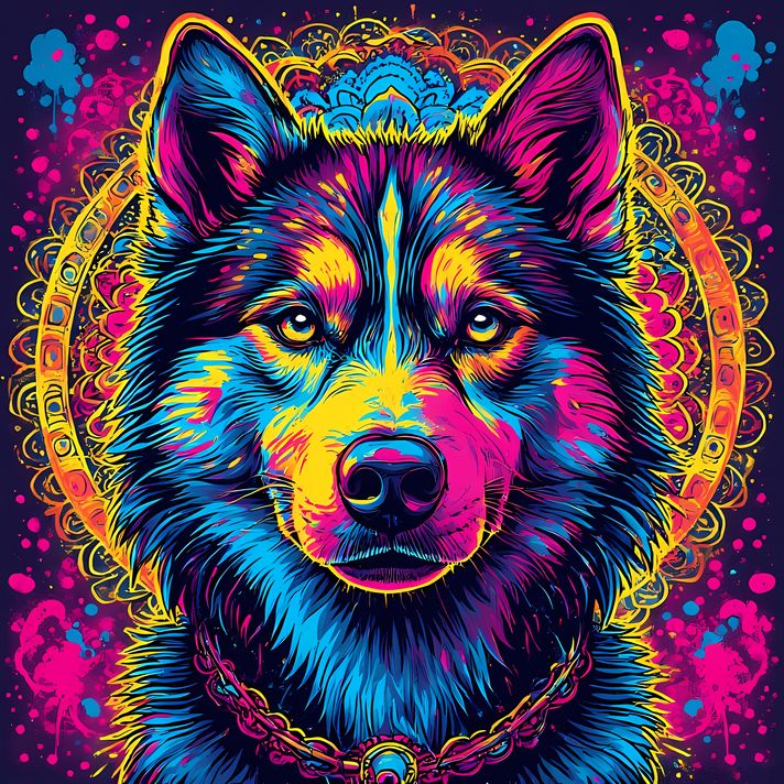 🐾9 Siberian Husky Dogs High-Res Art Images in Psychedelic Pop & Street Art Styles  📦 What’s Included:  9 Files in total High Resolution: 300 DPI for professional quality Image Sizes: From 3072px to 8190px (portrait and square orientations) 🎨 Perfect For: 