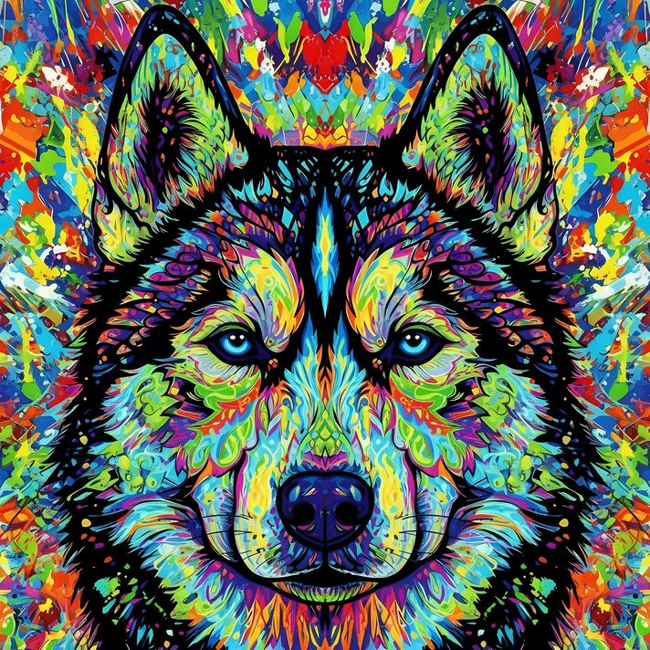 🐾9 Siberian Husky Dogs High-Res Art Images in Psychedelic Pop & Street Art Styles  📦 What’s Included:  9 Files in total High Resolution: 300 DPI for professional quality Image Sizes: From 3072px to 8190px (portrait and square orientations) 🎨 Perfect For: 