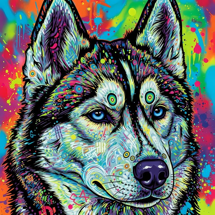 🐾9 Siberian Husky Dogs High-Res Art Images in Psychedelic Pop & Street Art Styles  📦 What’s Included:  9 Files in total High Resolution: 300 DPI for professional quality Image Sizes: From 3072px to 8190px (portrait and square orientations) 🎨 Perfect For: 