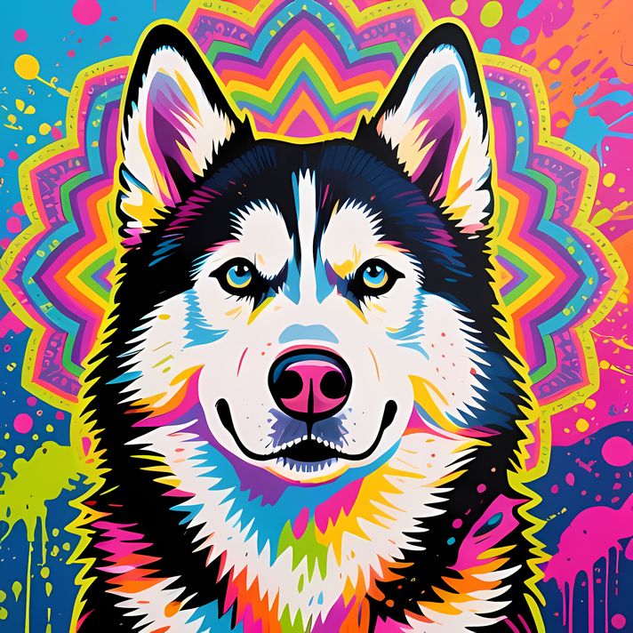 🐾9 Siberian Husky Dogs High-Res Art Images in Psychedelic Pop & Street Art Styles  📦 What’s Included:  9 Files in total High Resolution: 300 DPI for professional quality Image Sizes: From 3072px to 8190px (portrait and square orientations) 🎨 Perfect For: 