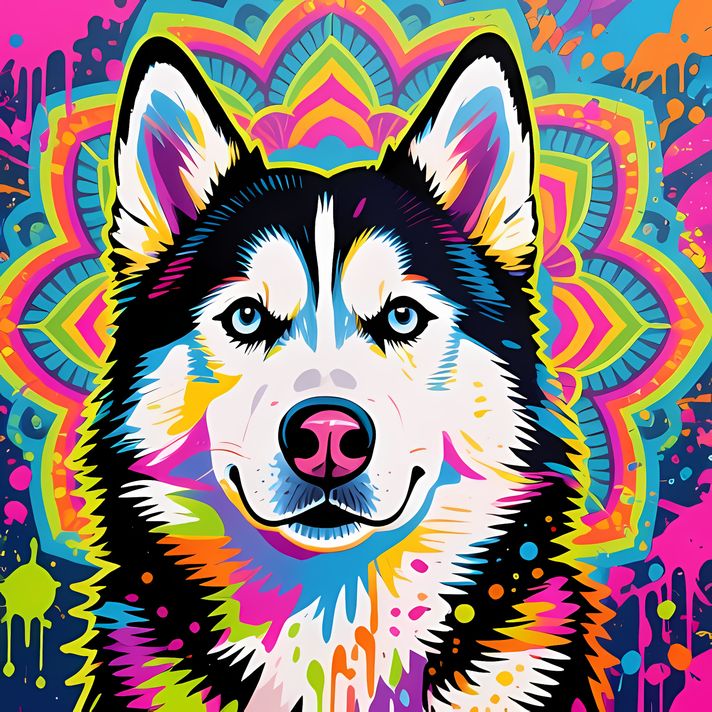 🐾9 Siberian Husky Dogs High-Res Art Images in Psychedelic Pop & Street Art Styles  📦 What’s Included:  9 Files in total High Resolution: 300 DPI for professional quality Image Sizes: From 3072px to 8190px (portrait and square orientations) 🎨 Perfect For: 