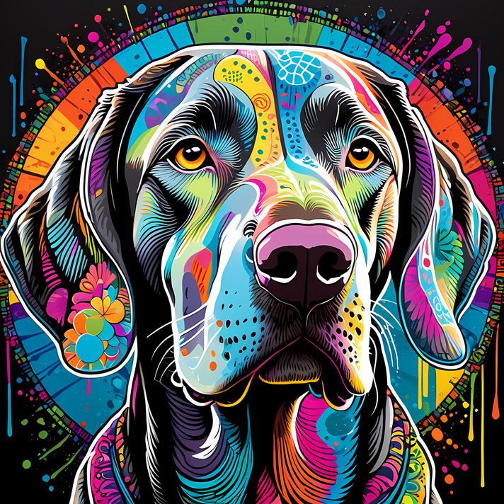 🐾16 Weimaraner Dogs High-Res Art Images in Psychedelic Pop & Street Art Styles  📦 What’s Included:  16 Files in total High Resolution: 300 DPI for professional quality Image Sizes: From 3072px to 9216px (portrait, landscape and square orientations) 🎨 Perf