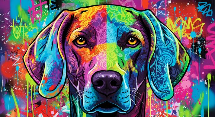 🐾16 Weimaraner Dogs High-Res Art Images in Psychedelic Pop & Street Art Styles  📦 What’s Included:  16 Files in total High Resolution: 300 DPI for professional quality Image Sizes: From 3072px to 9216px (portrait, landscape and square orientations) 🎨 Perf