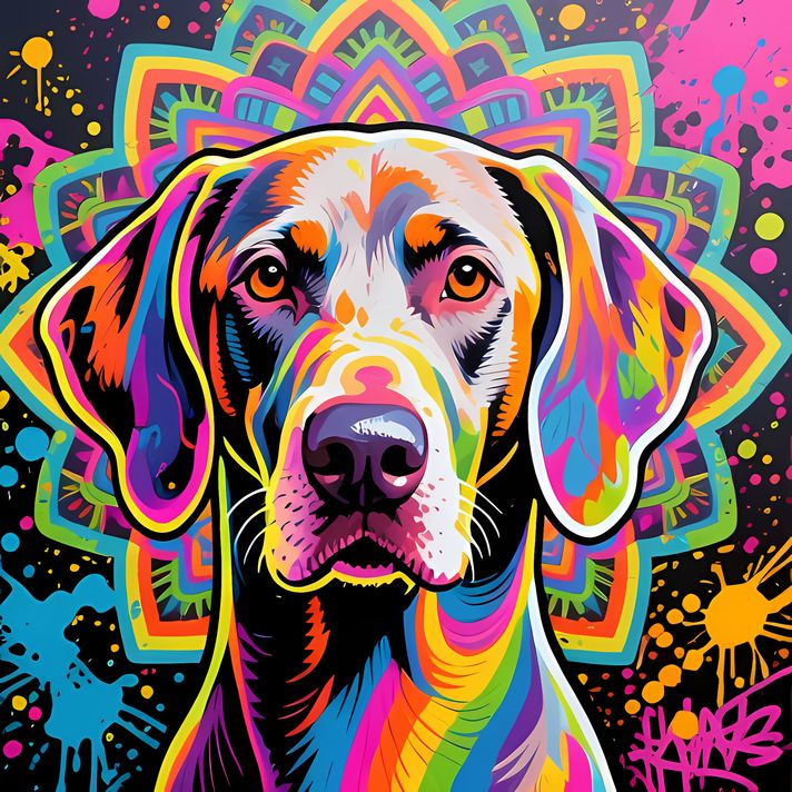 🐾16 Weimaraner Dogs High-Res Art Images in Psychedelic Pop & Street Art Styles  📦 What’s Included:  16 Files in total High Resolution: 300 DPI for professional quality Image Sizes: From 3072px to 9216px (portrait, landscape and square orientations) 🎨 Perf